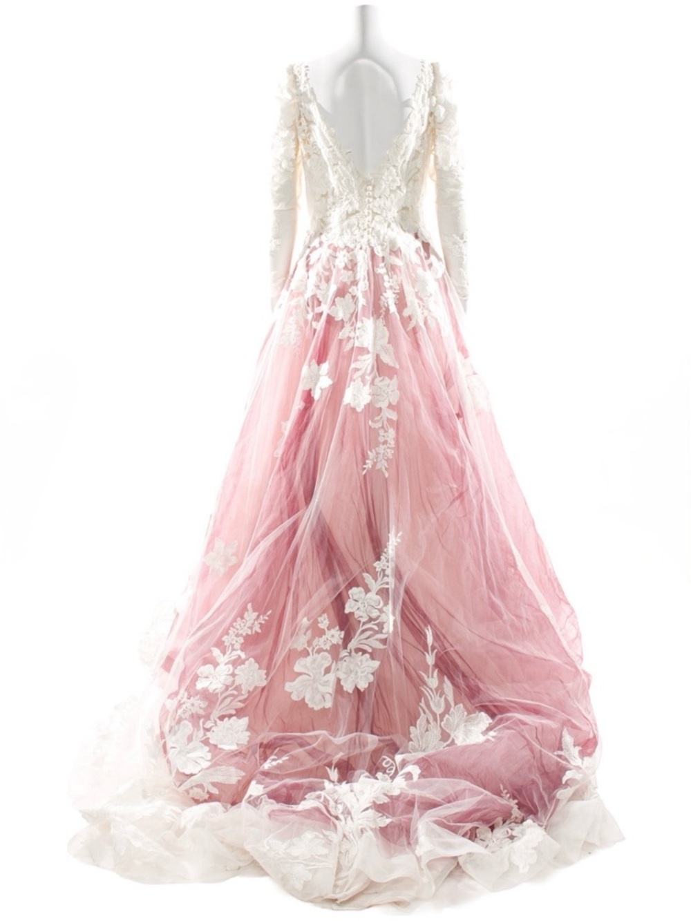 Justin Alexander Lace Pattern Long Dress With Pink/Bugundy Underlay & Ivory(TRR) - Picture 3 of 15